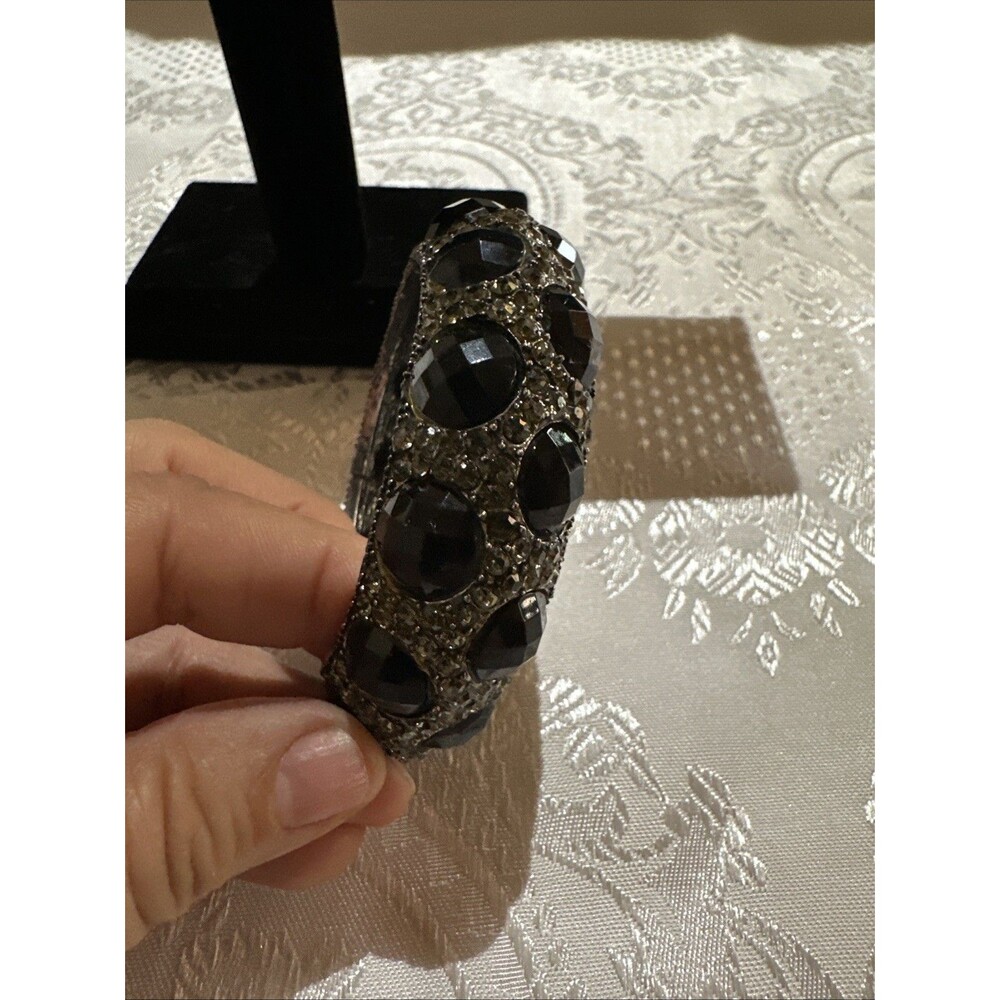 Silver Tone Black Clear Faceted Rhinestones Cuff Bracelet Handcrafted Artisan - Picture 5 of 15